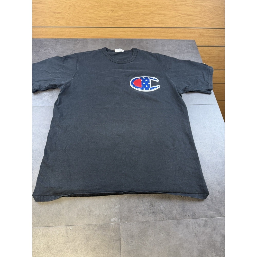 VTG Champion Heritage "Big C" Patriotic Patch Men's Black T-Shirt Size X-Large